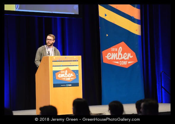 An image of Tony talking at an Ember Conference in 2018.