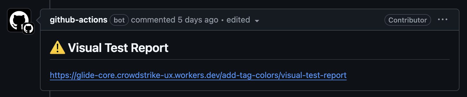 An image of a comment on a GitHub Pull Request displaying a warning sign and a URL to review a test report